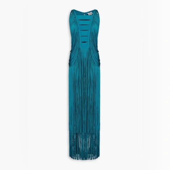 green emerald velvet dress Herve Leger Knit Fringe Dress